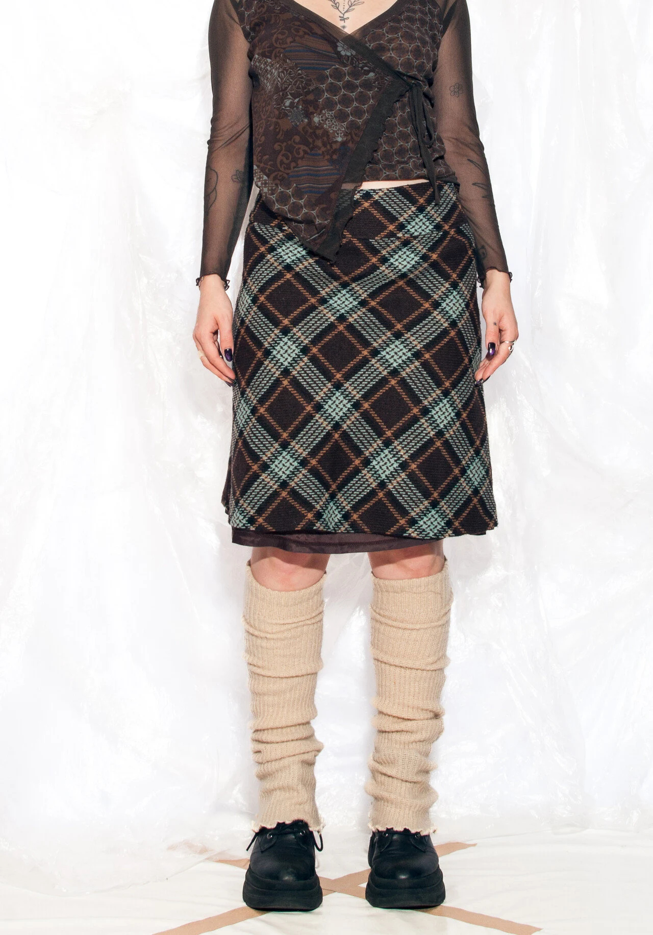 Teal and Brown Diagonal Plaid A-Line Skirt - Image 4