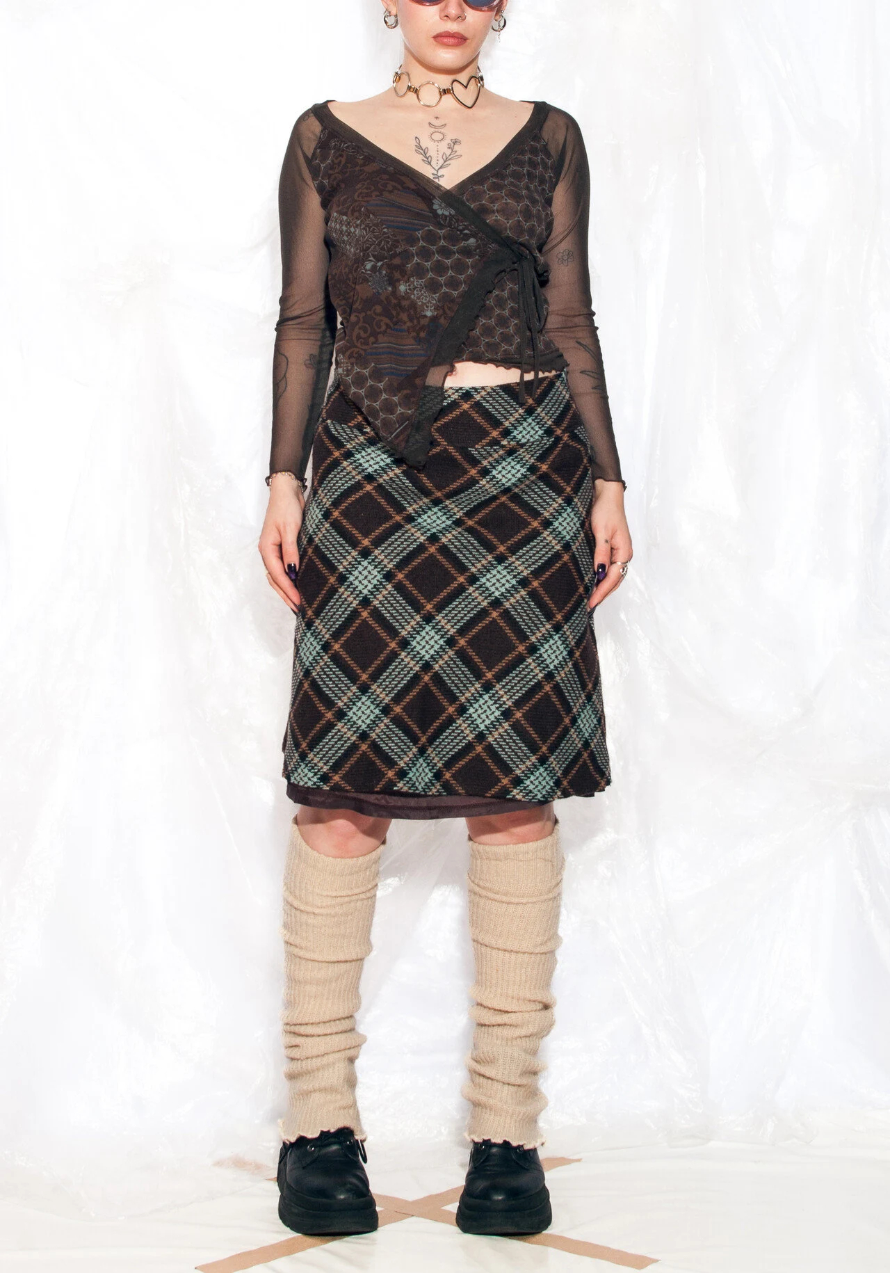 Teal and Brown Diagonal Plaid A-Line Skirt - Image 2