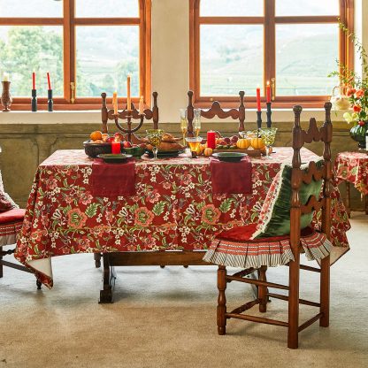 Terracotta Red Plant Embroidery Tablecloth - Image 9