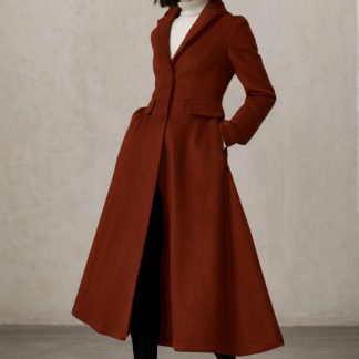 Rust Brown Slim-Fit Flared Long Coat