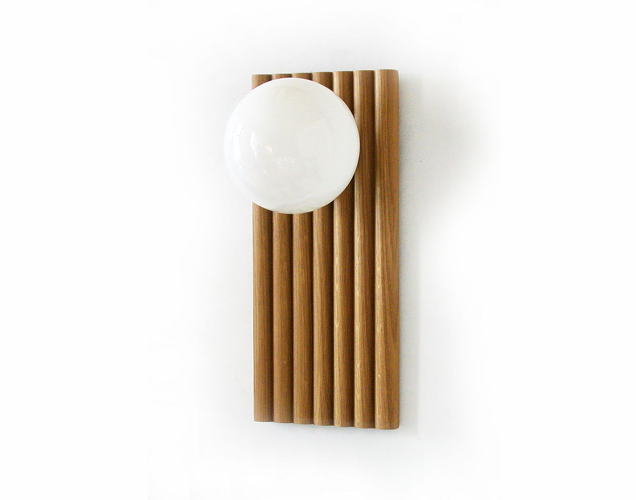 Wood panel and opaline glass globe wall lamp - Image 6