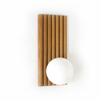 Wood panel and opaline glass globe wall lamp