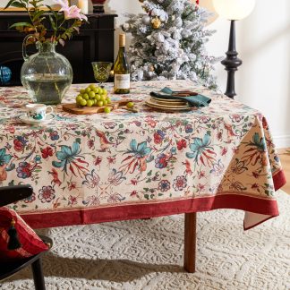 Vintage painted flower and bird tablecloth