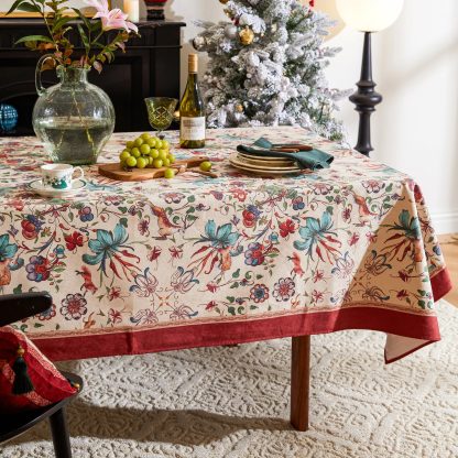 Vintage painted flower and bird tablecloth