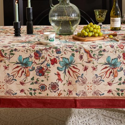 Vintage painted flower and bird tablecloth - Image 2