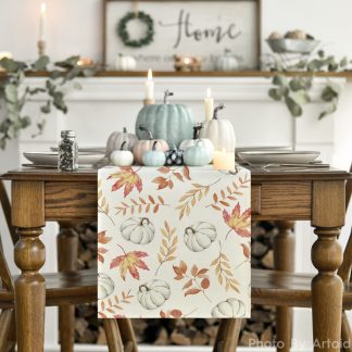 White pumpkin and autumn leaves table runner