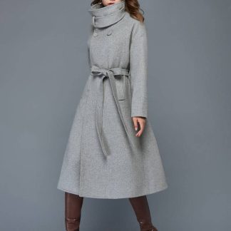 Light grey high collar belted coat