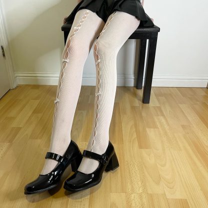 Creamy White Hollow Bowknot Tights - Image 2