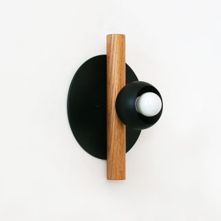 Black disc oak pole and cream cup wall lamp