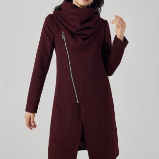 Dark burgundy asymmetric zip-up turtleneck coat