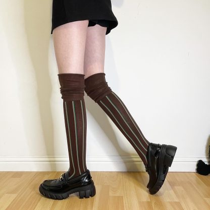 Retro brown striped over-the-knee socks - Image 2