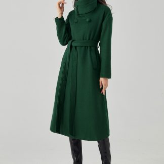 Emerald high-neck tie long coat
