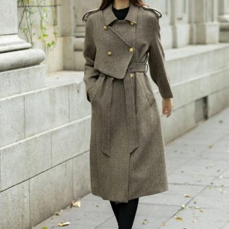 Herringbone belted trench coat