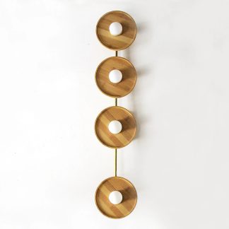 Vertical Four Ring Wood and Brass Wall Lamp