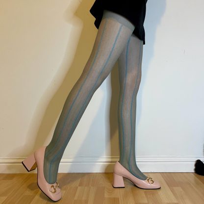 Gray and blue contrasting vertical striped tights - Image 7