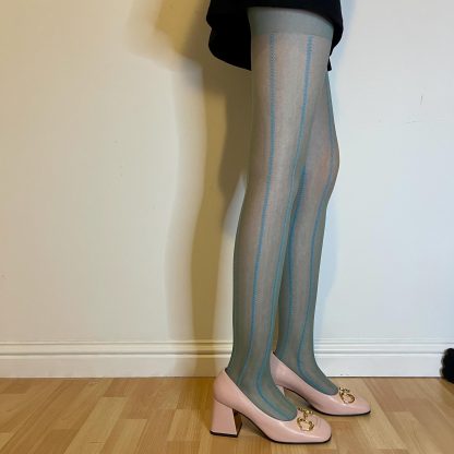 Gray and blue contrasting vertical striped tights - Image 6