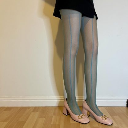 Gray and blue contrasting vertical striped tights - Image 5