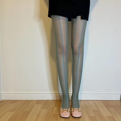 Gray and blue contrasting vertical striped tights - Image 4