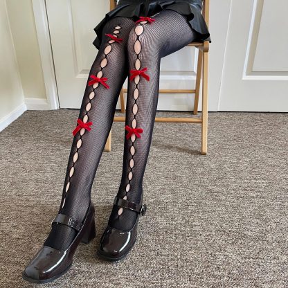 Black and red contrasting bow hollow pantyhose - Image 4