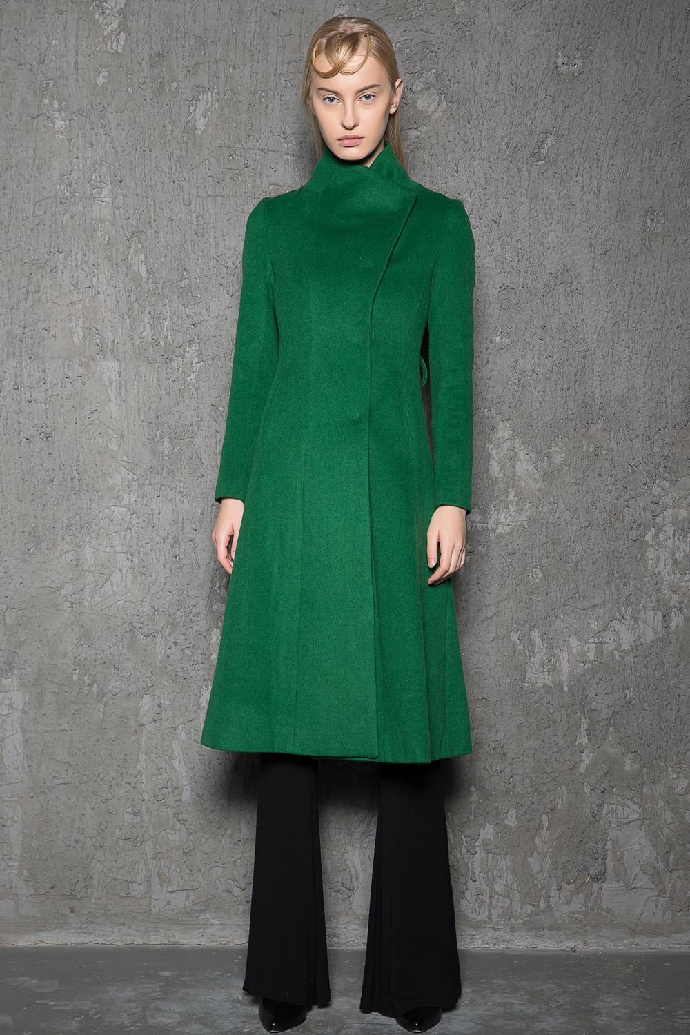 Emerald green high-neck lace-up A-line coat - Image 4