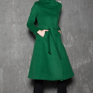 Emerald green high-neck lace-up A-line coat
