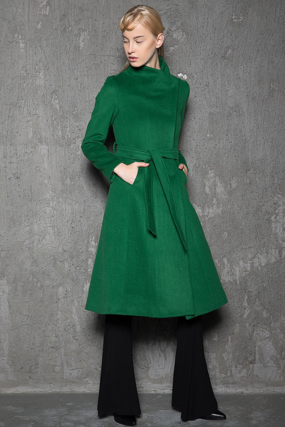 Emerald green high-neck lace-up A-line coat