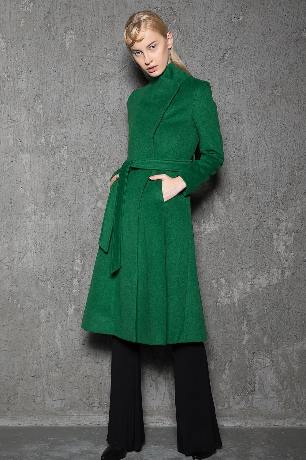 Emerald green high-neck lace-up A-line coat - Image 2