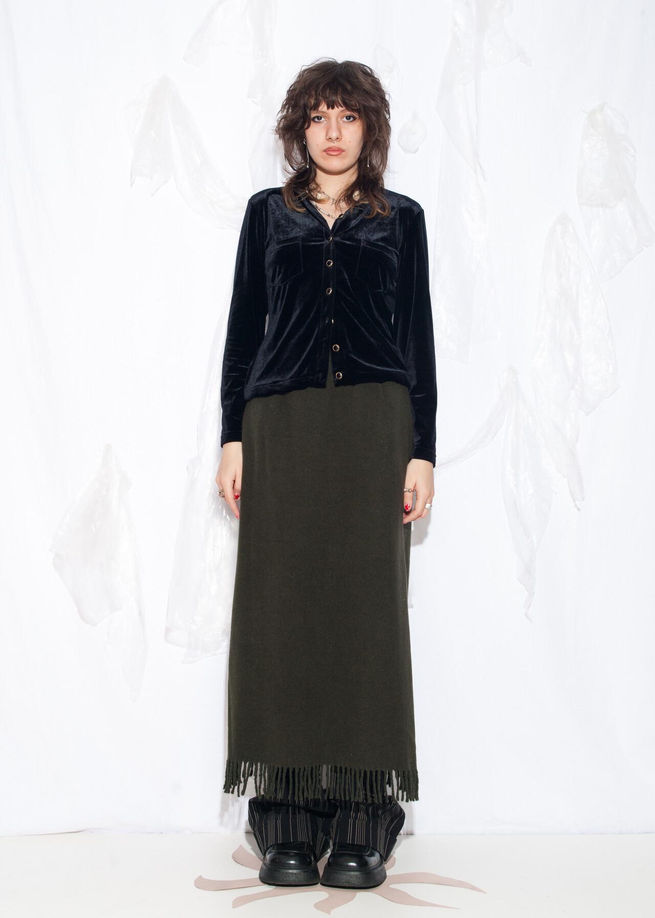 fringed hem straight maxi skirt