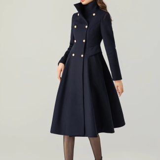 Navy blue high collar double-breasted A-line coat