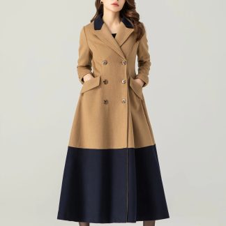 Camel and navy colorblock double-breasted A-line coat