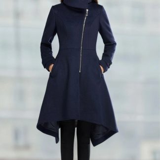 Navy Asymmetric Drape Neck Zipper Coat