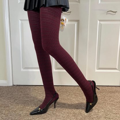 Burgundy retro striped pantyhose - Image 9