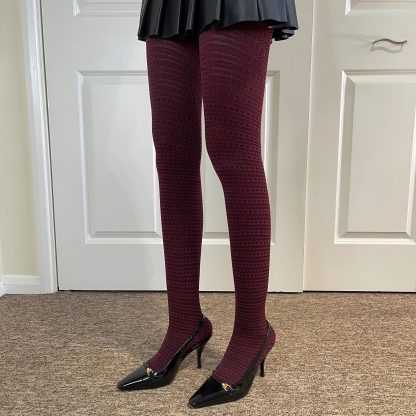 Burgundy retro striped pantyhose - Image 5