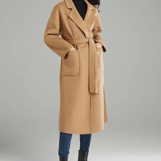 Camel Belted Shawl Lapel Wool Coat