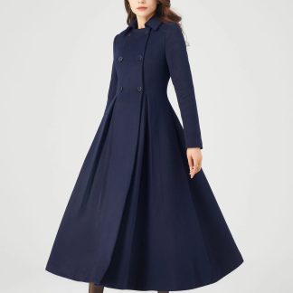 Navy blue double-breasted A-line long coat