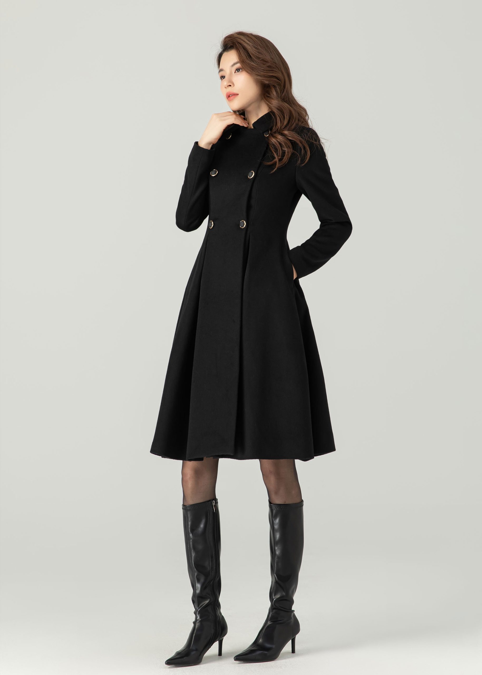 Black Double-Breasted Slim-Fit Flared Coat - Image 8