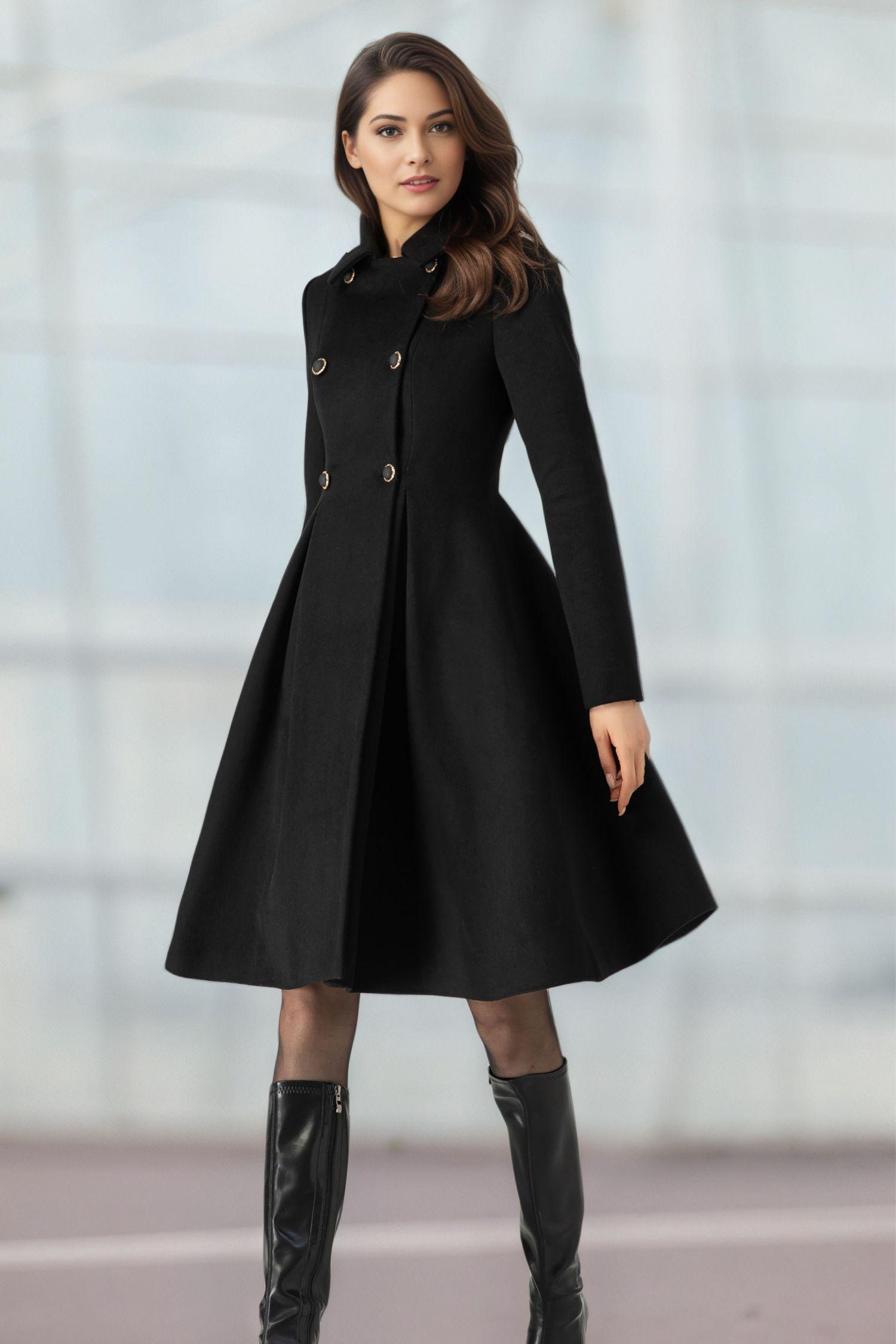 Black Double-Breasted Slim-Fit Flared Coat - Image 7