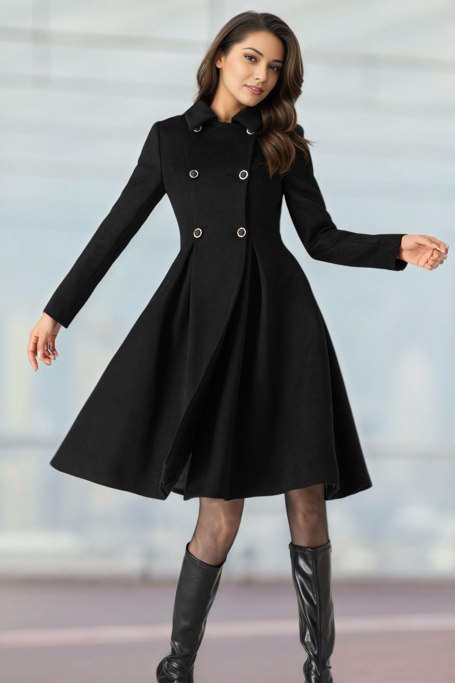 Black Double-Breasted Slim-Fit Flared Coat - Image 6