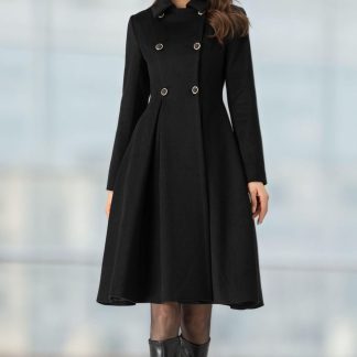 Black Double-Breasted Slim-Fit Flared Coat