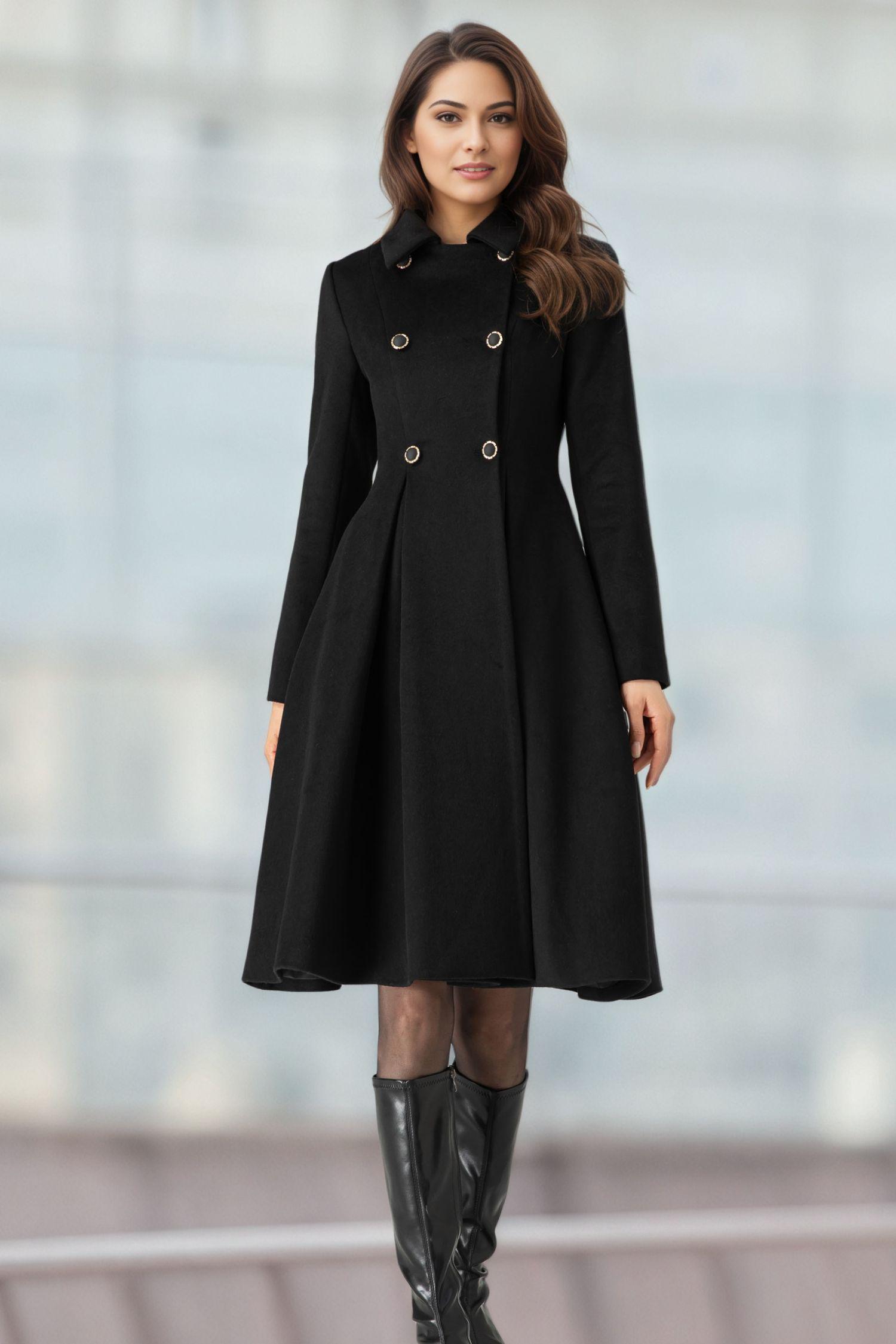 Black Double-Breasted Slim-Fit Flared Coat