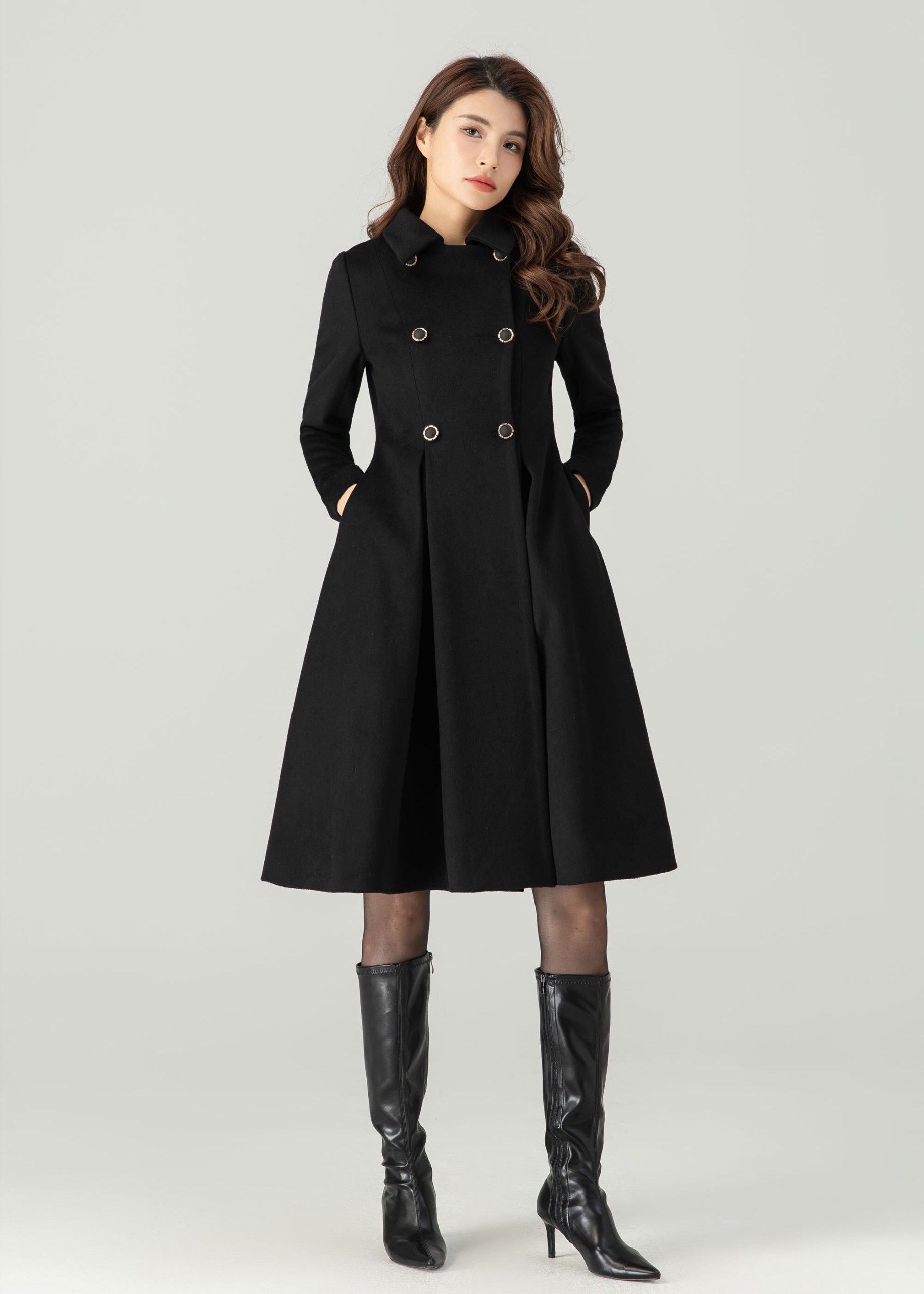 Black Double-Breasted Slim-Fit Flared Coat - Image 4