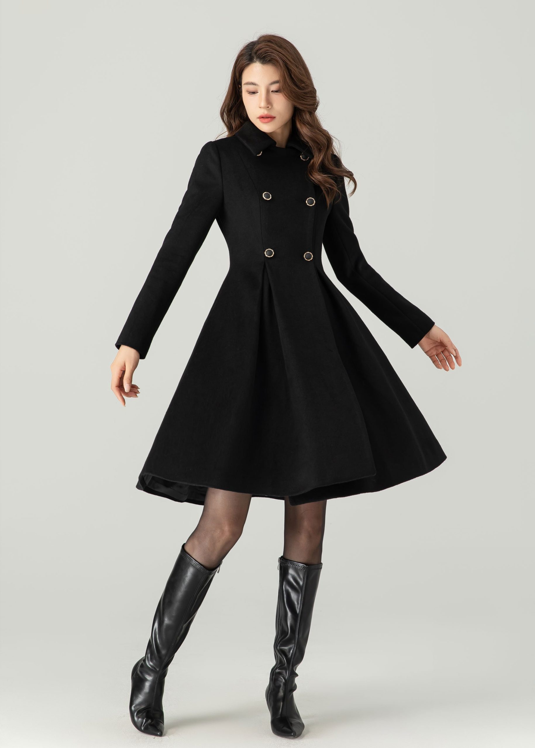 Black Double-Breasted Slim-Fit Flared Coat - Image 3