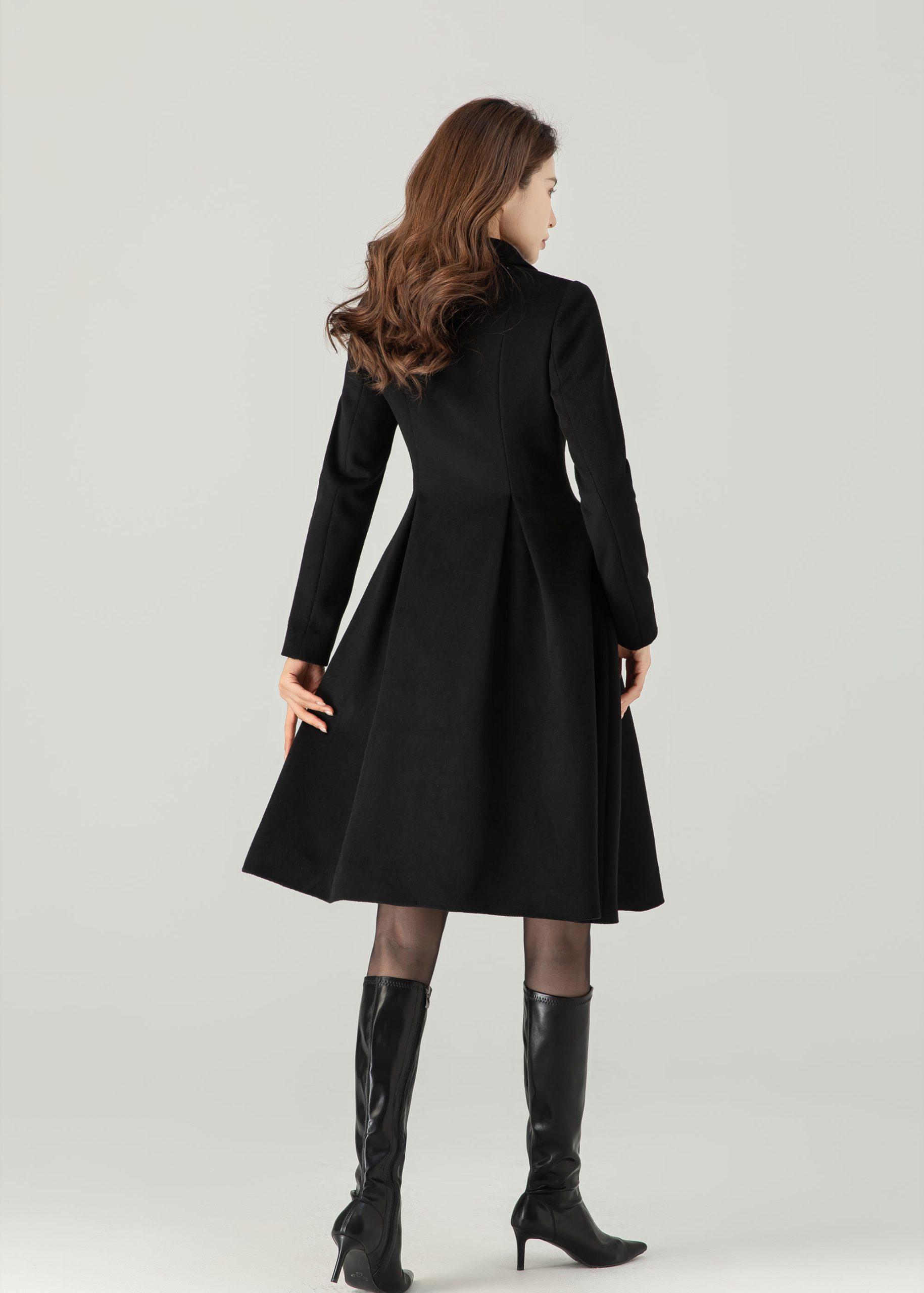 Black Double-Breasted Slim-Fit Flared Coat - Image 2