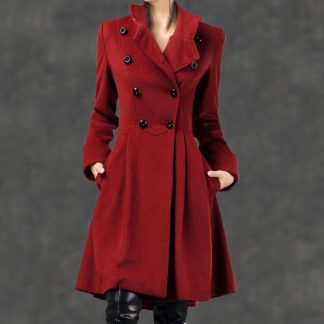 Ruby Red Double-Breasted Slim-Fit Flared Coat
