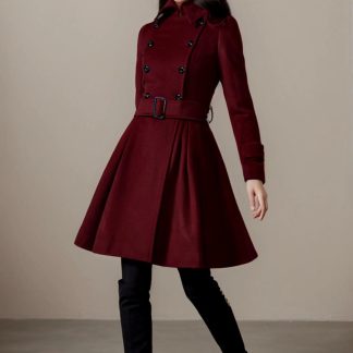Burgundy Military-Style Belted Slim-Fit Flared Coat