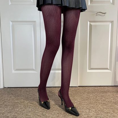 Burgundy pinstripe see-through pantyhose - Image 2