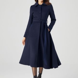 Navy Blue Belted Slim-Fit Flared Sleeve Jacket