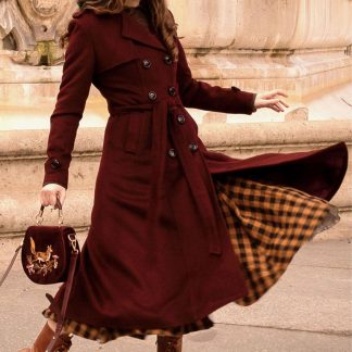 Burgundy lace-up long trench coat