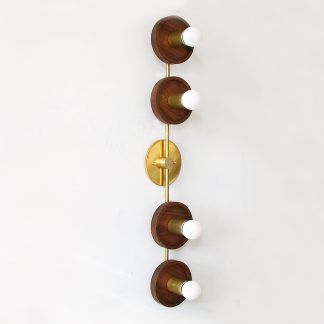 Vertical Four-Ring Walnut and Brass Wall Lamp