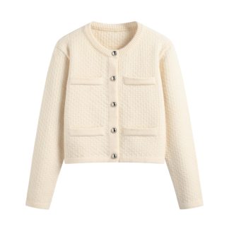 Cream-colored four-pocket terry knit cardigan